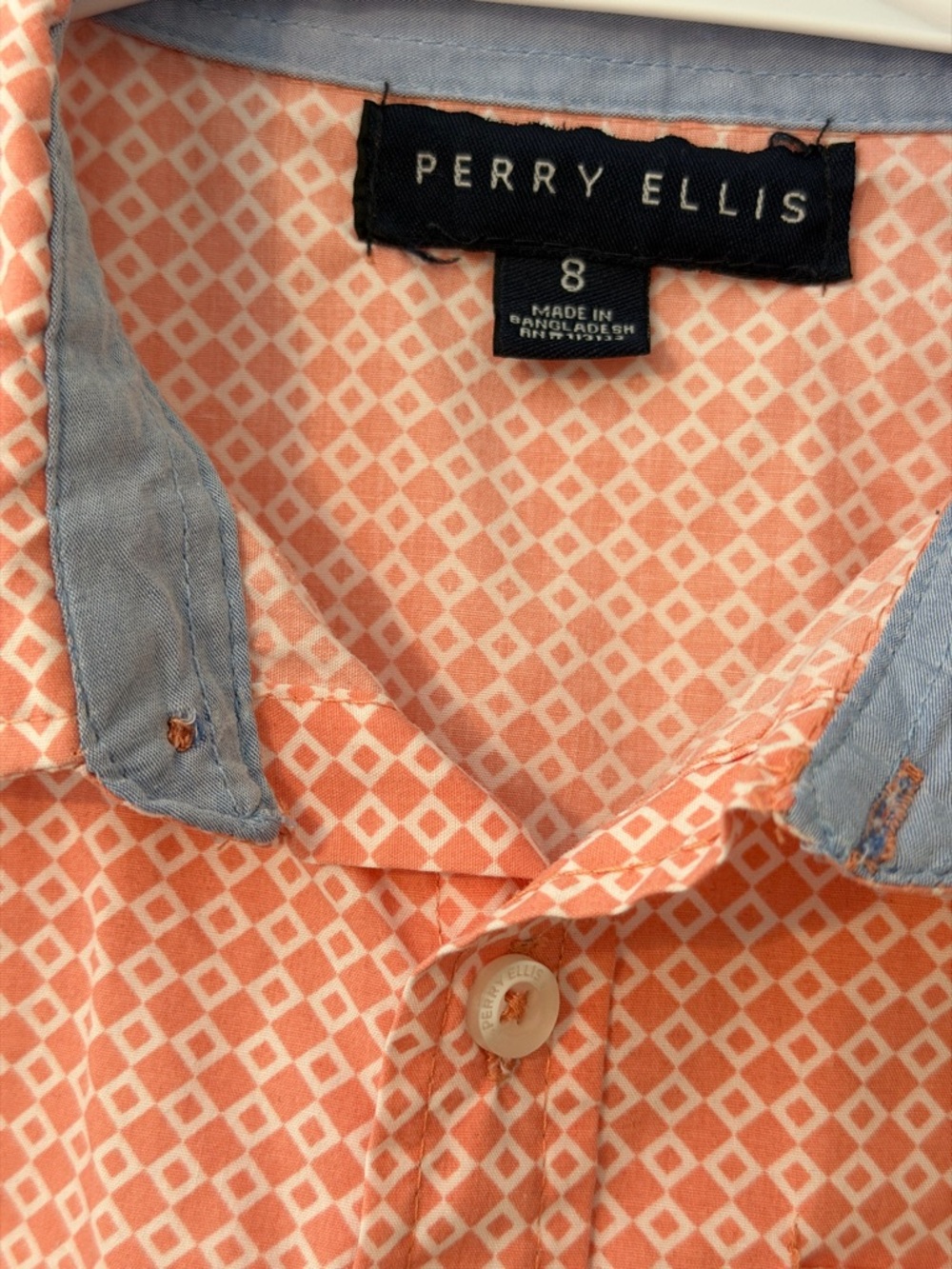 Perry Ellis Peach Geometric Print Shirt with Chambray Trim
